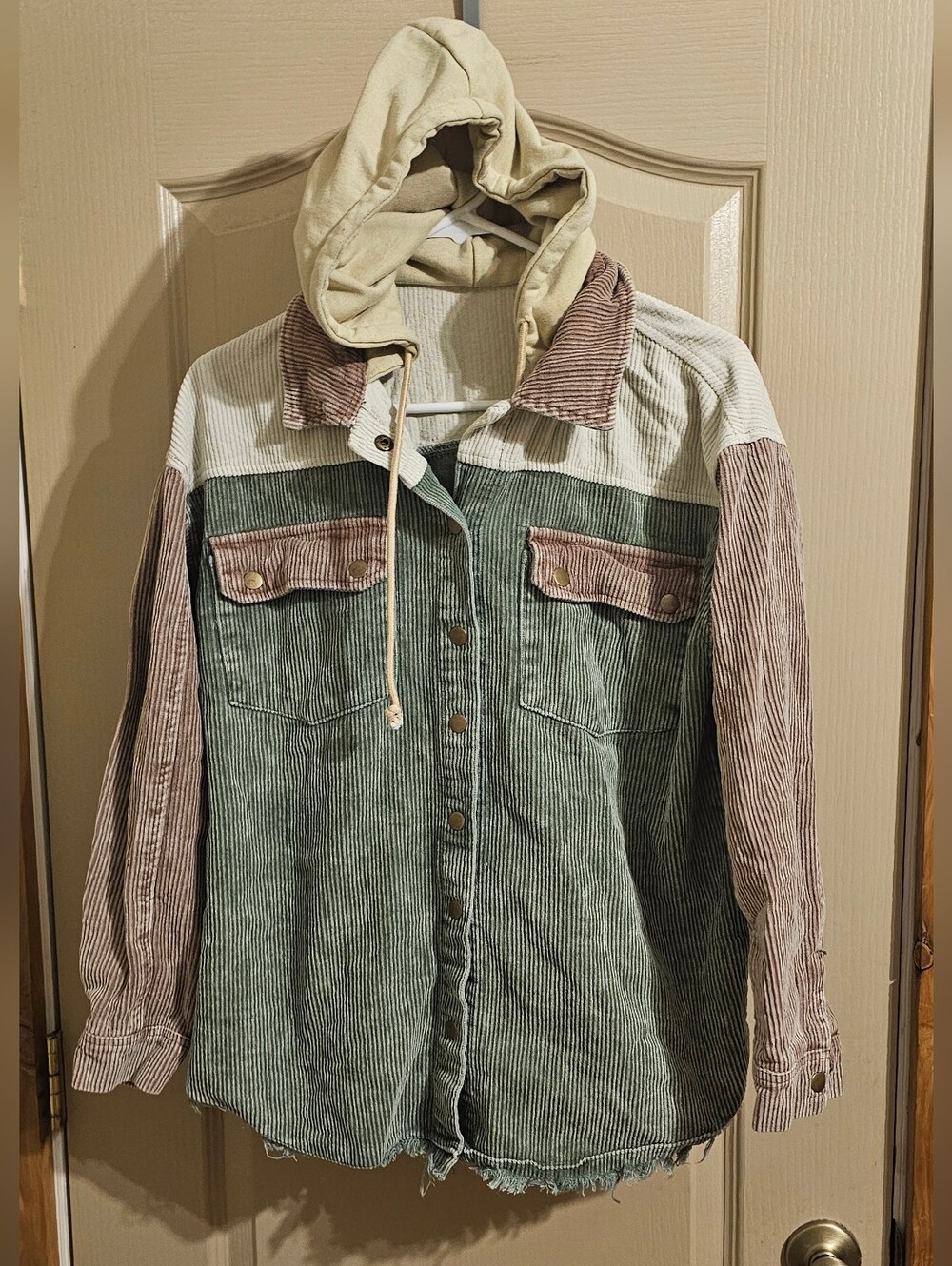 Snap Front Hooded Corduroy Shacket Medium Beige, Tan And Green